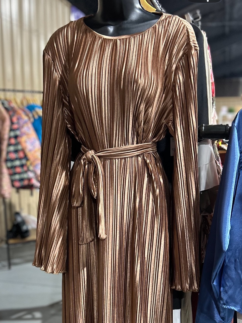 Women's Copper Metallic Pleated Long-Sleeve Belted Dress